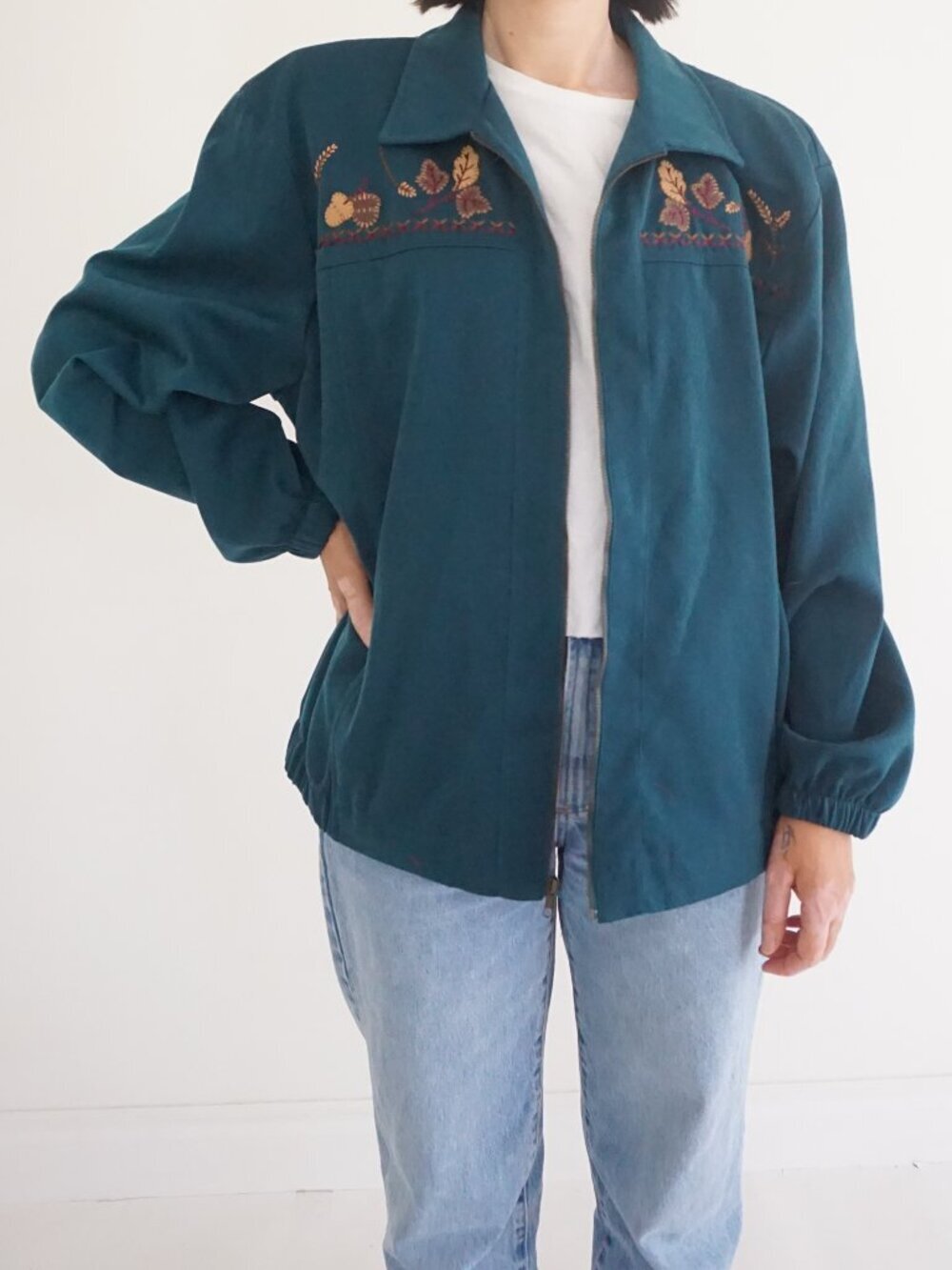 Vintage Teddi Teal Embroidered Leaf Zip Front Lightweight Jacket Cottagecore XL